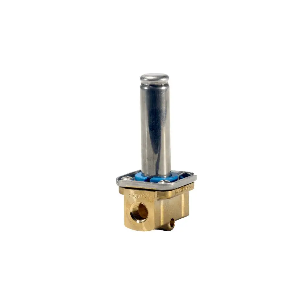 Magnetventil von Danfoss mit einer metallenen Oberseite und einem goldfarbenen Gehäuse, ausgestattet mit einer Dichtung. Werkstoff ist wahrscheinlich Messing, mit Anschlussoption.